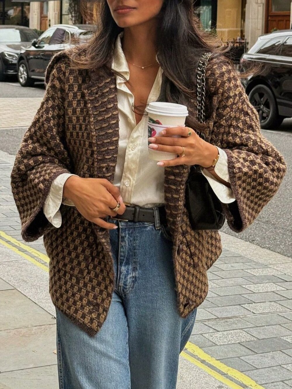 Brown Casual Women's Loose Waterfall Drop Shoulder Long Sleeve Cardigan
